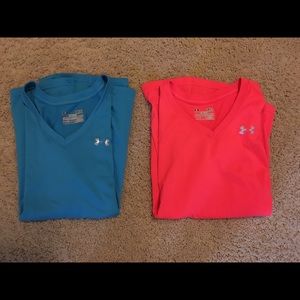 Blue and coral v-neck short sleeve shirts